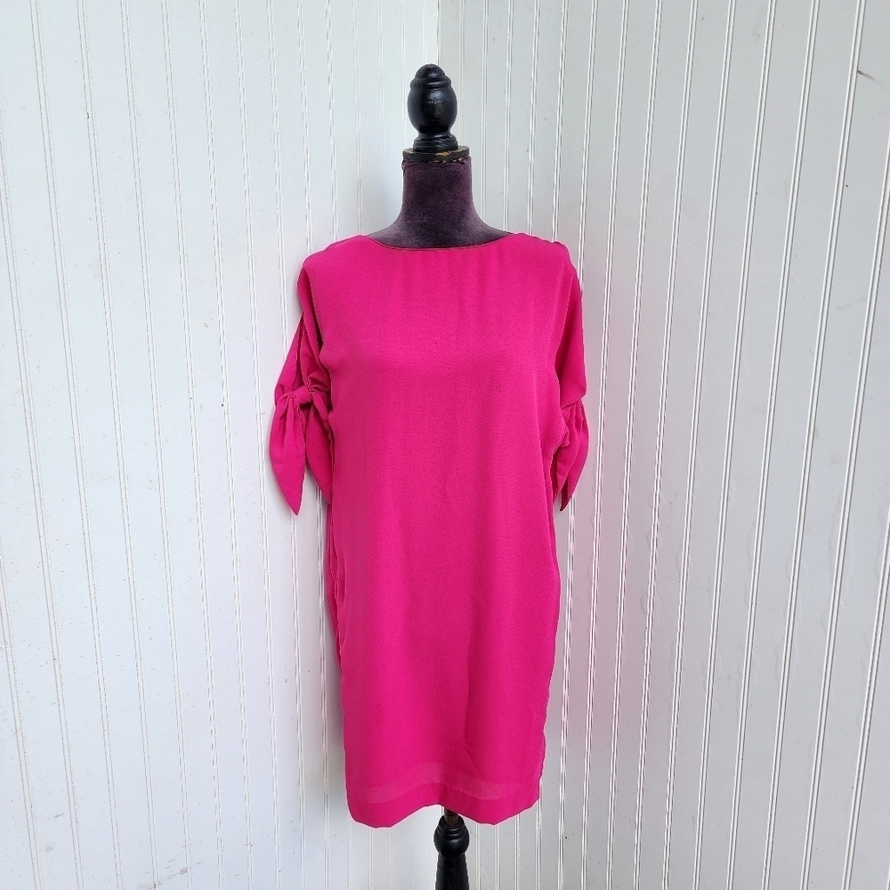 Vince Camuto Hot Pink Split Puff Sleeve Dress Women’s Tie Shift Lined Sz 4